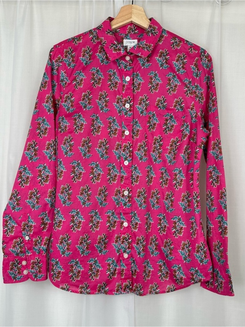 J Crew Factory Floral Block Print Button Up Shirt Size M Pink Lightweight Cotton